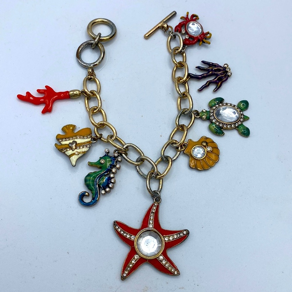 Sea Beach Enamel Rhinestone Charm Bracelet Fish Coral Turtle Crab